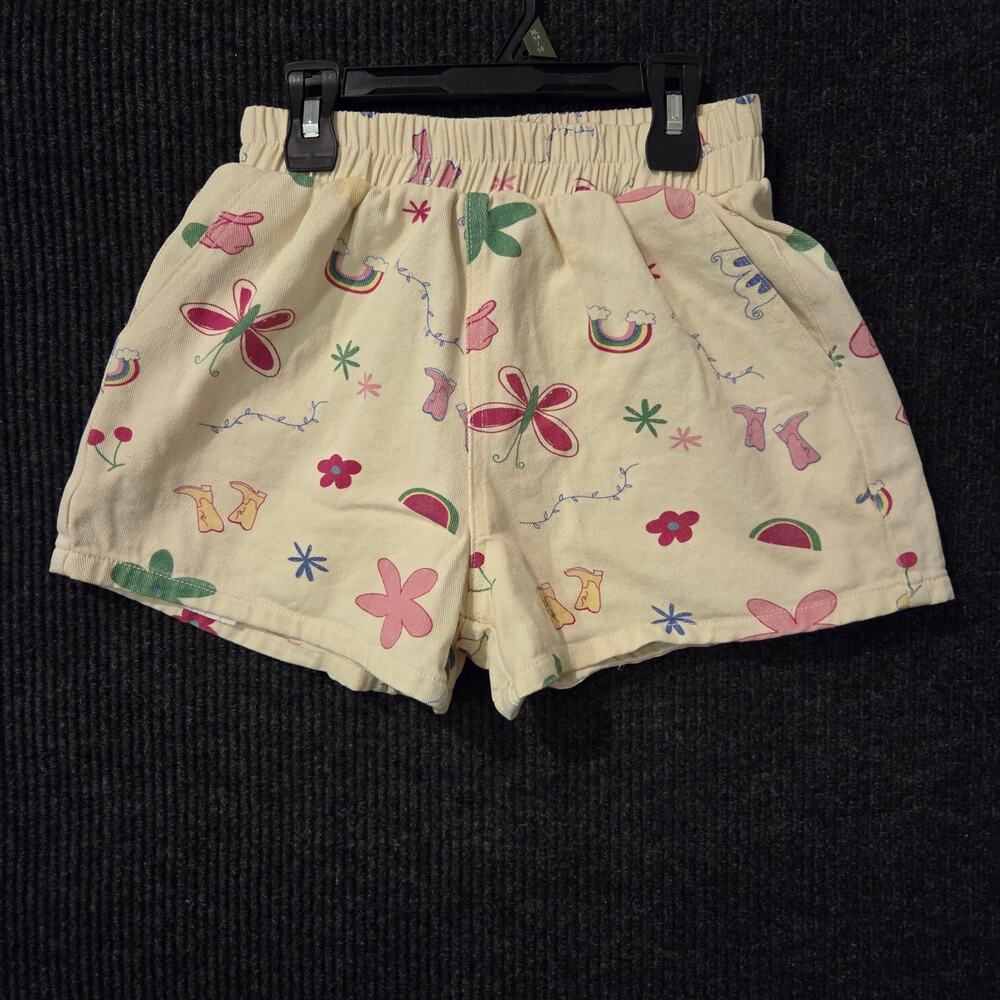 Cream Pink Blue Western Floral Graphic Shorts Stretchy Small Cotton Blend